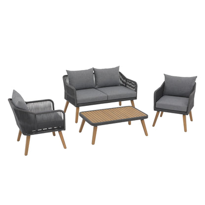 Set da conversazione in corda da esterno, 4 pezzi, con cuscini