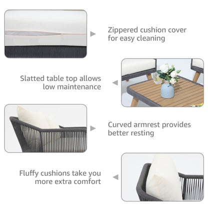 Set da conversazione in corda da esterno, 4 pezzi, con cuscini