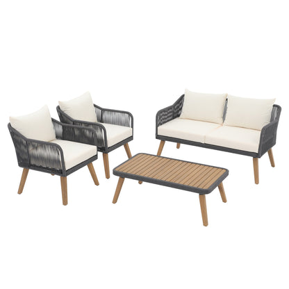 Set da conversazione in corda da esterno, 4 pezzi, con cuscini