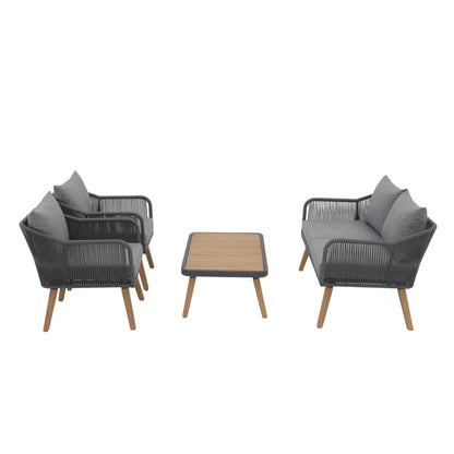 Set da conversazione in corda da esterno, 4 pezzi, con cuscini