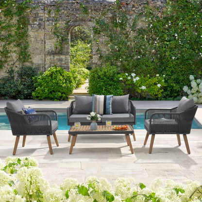 Set da conversazione in corda da esterno, 4 pezzi, con cuscini