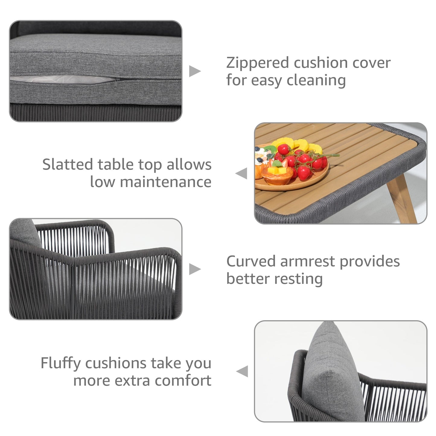 Set da conversazione in corda da esterno, 4 pezzi, con cuscini