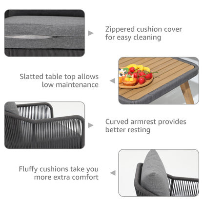 Set da conversazione in corda da esterno, 4 pezzi, con cuscini