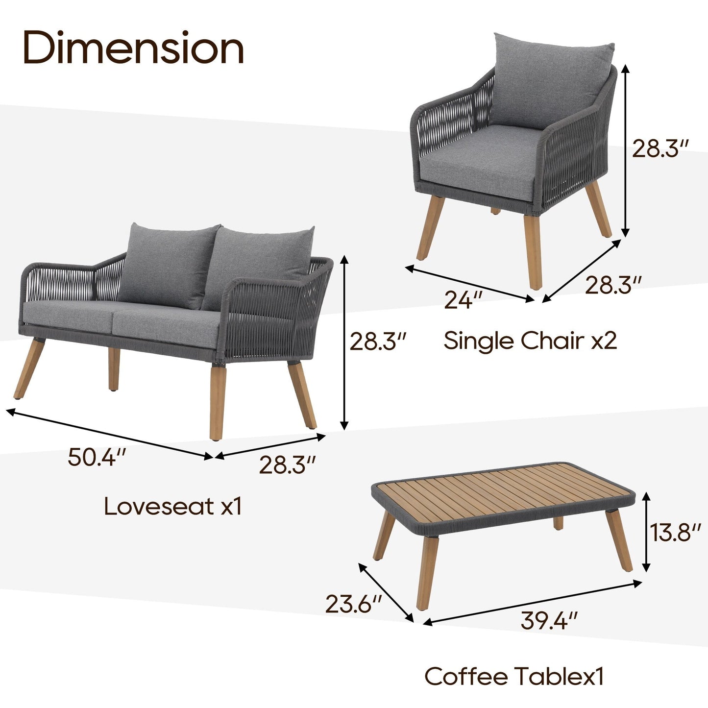 Set da conversazione in corda da esterno, 4 pezzi, con cuscini