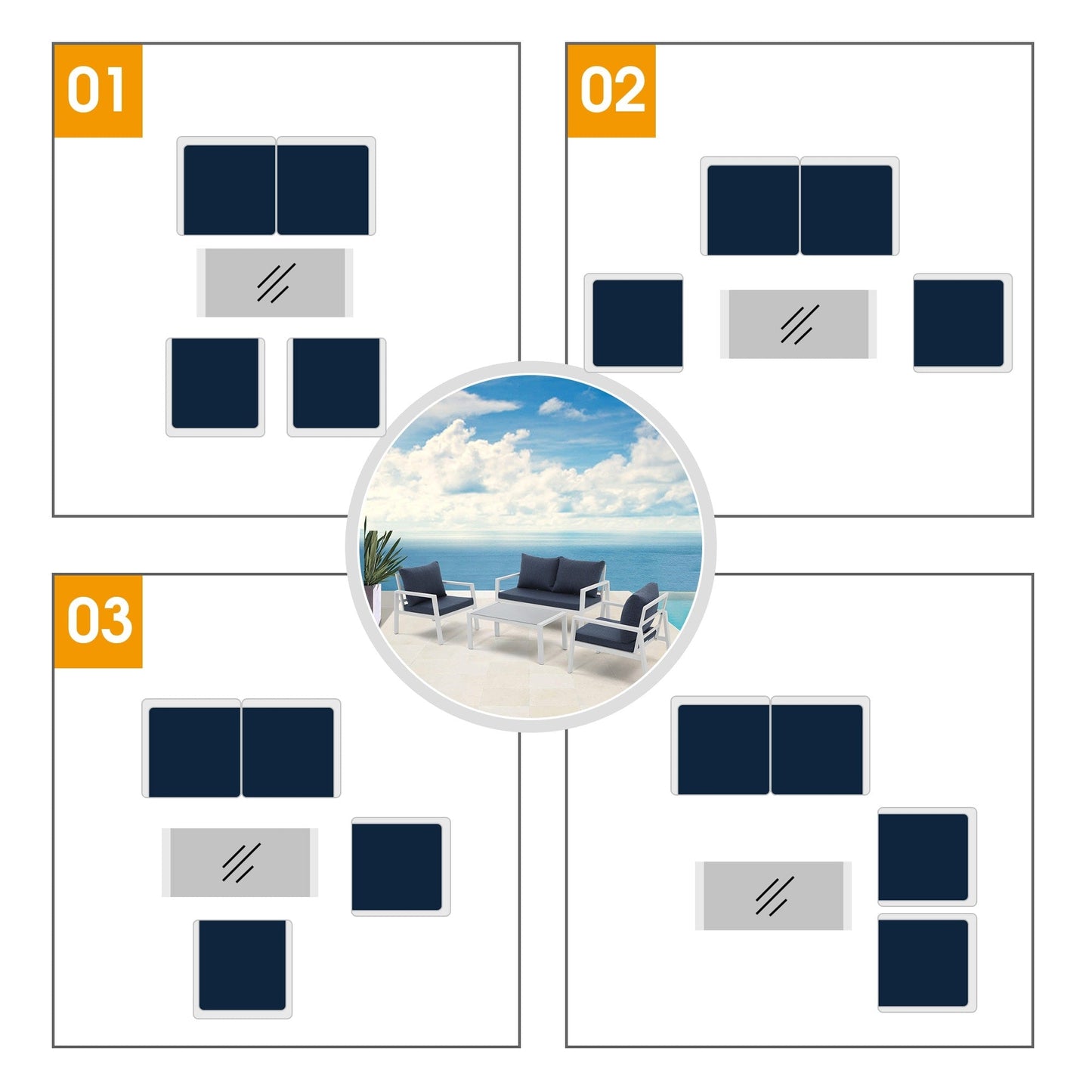 Set da conversazione in alluminio imbottito da esterno, 4 pezzi