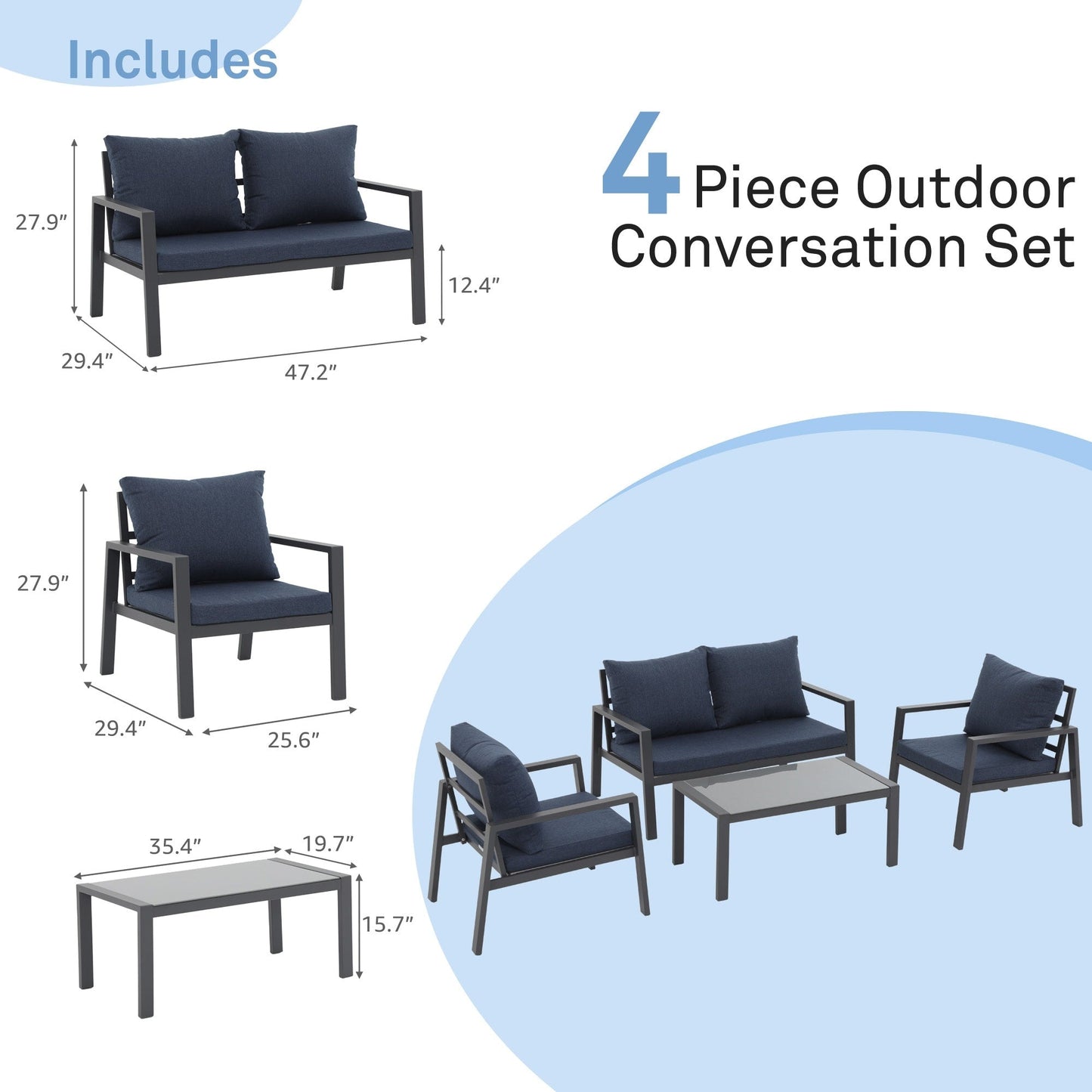 Set da conversazione in alluminio imbottito da esterno, 4 pezzi