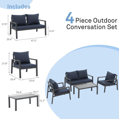 Set da conversazione in alluminio imbottito da esterno, 4 pezzi