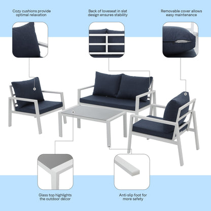 Set da conversazione in alluminio imbottito da esterno, 4 pezzi