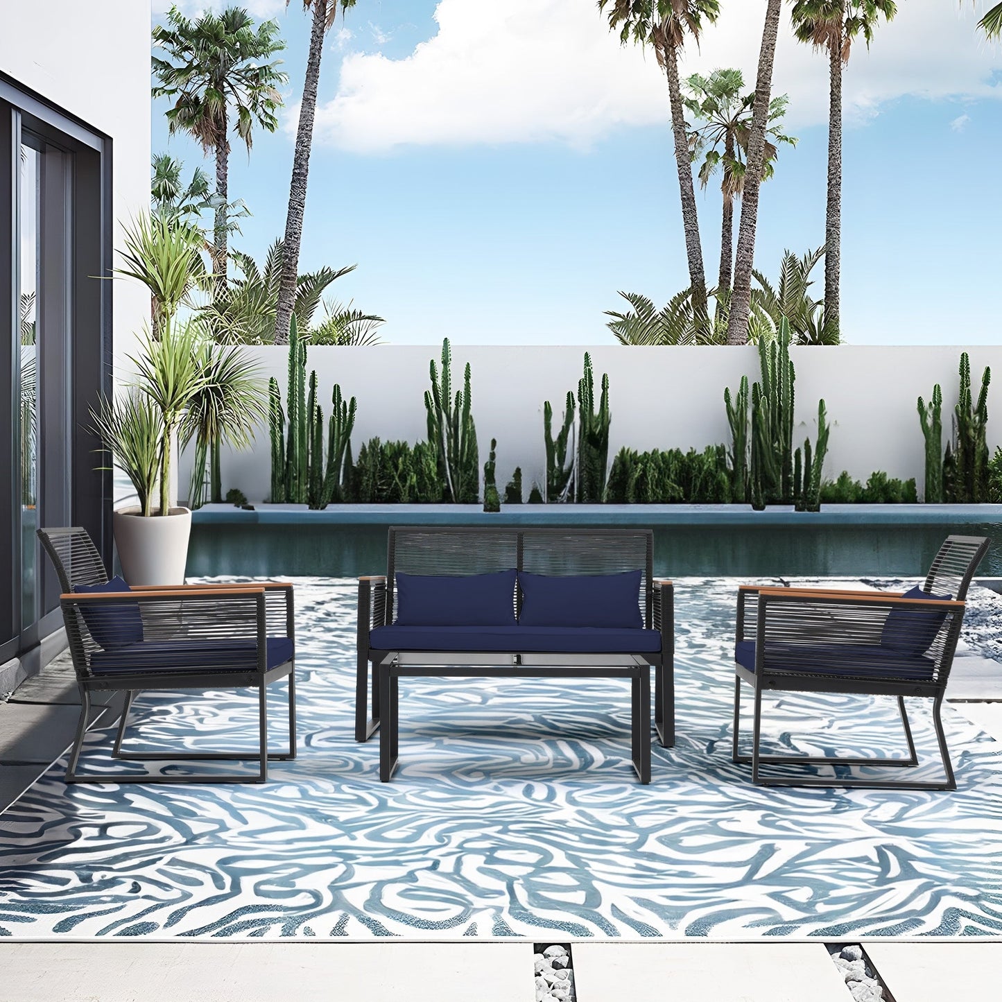 Set da conversazione in vimini da esterno, 4 pezzi