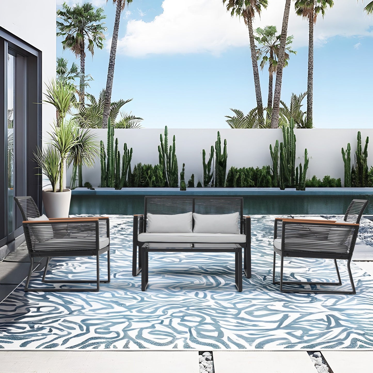 Set da conversazione in vimini da esterno, 4 pezzi