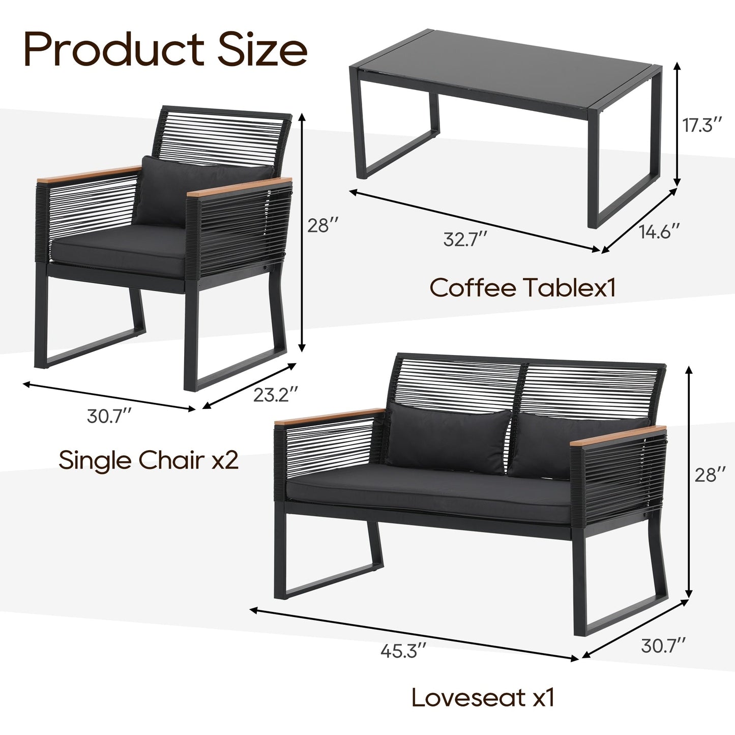Set da conversazione in vimini da esterno, 4 pezzi