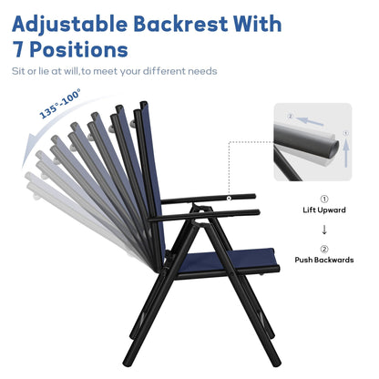 Set da pranzo per esterni da 5/7 pezzi, sedia pieghevole reclinabile a 7 posizioni e tavolo in acciaio con rivestimento E-coating