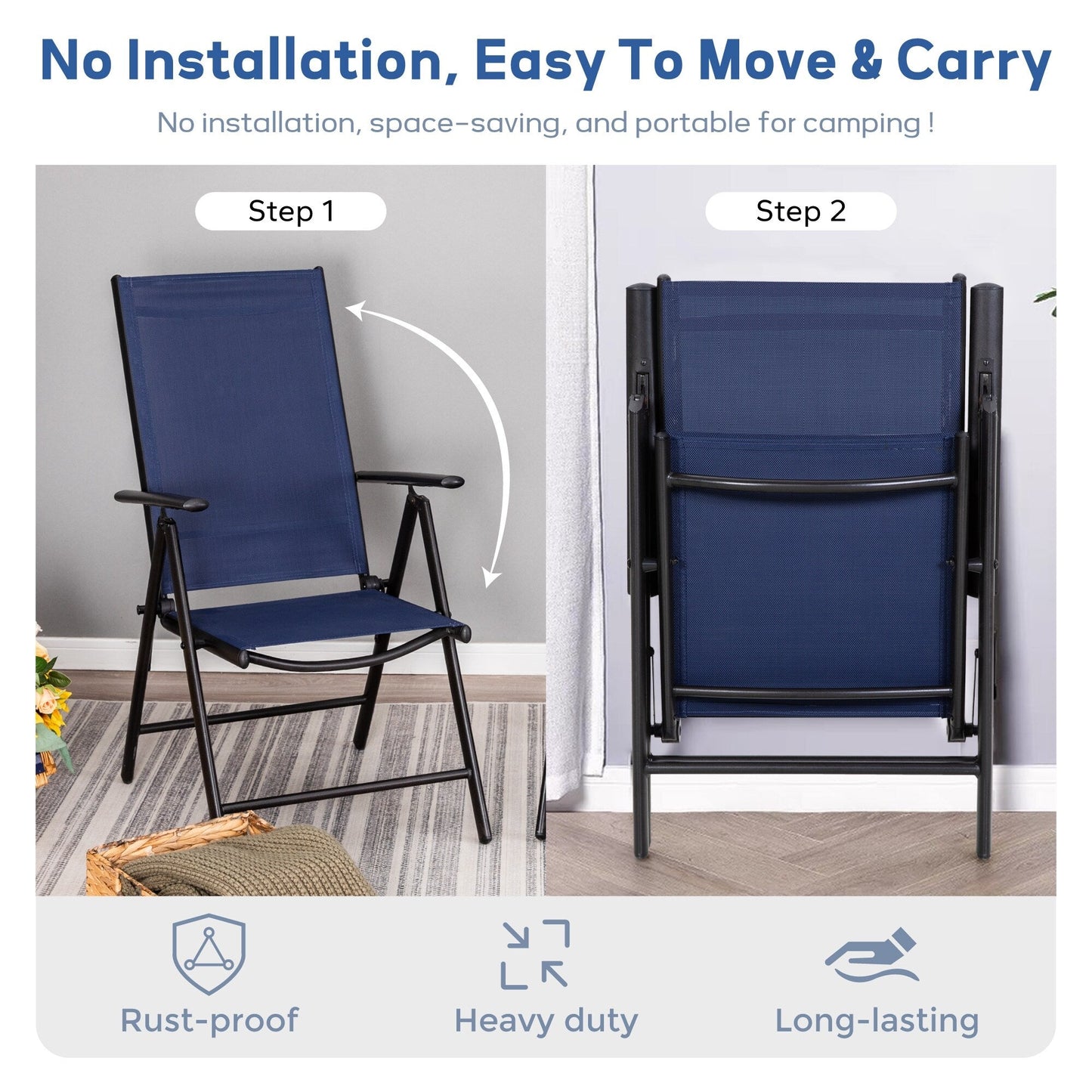 Set da pranzo per esterni da 5/7 pezzi, sedia pieghevole reclinabile a 7 posizioni e tavolo in acciaio con rivestimento E-coating