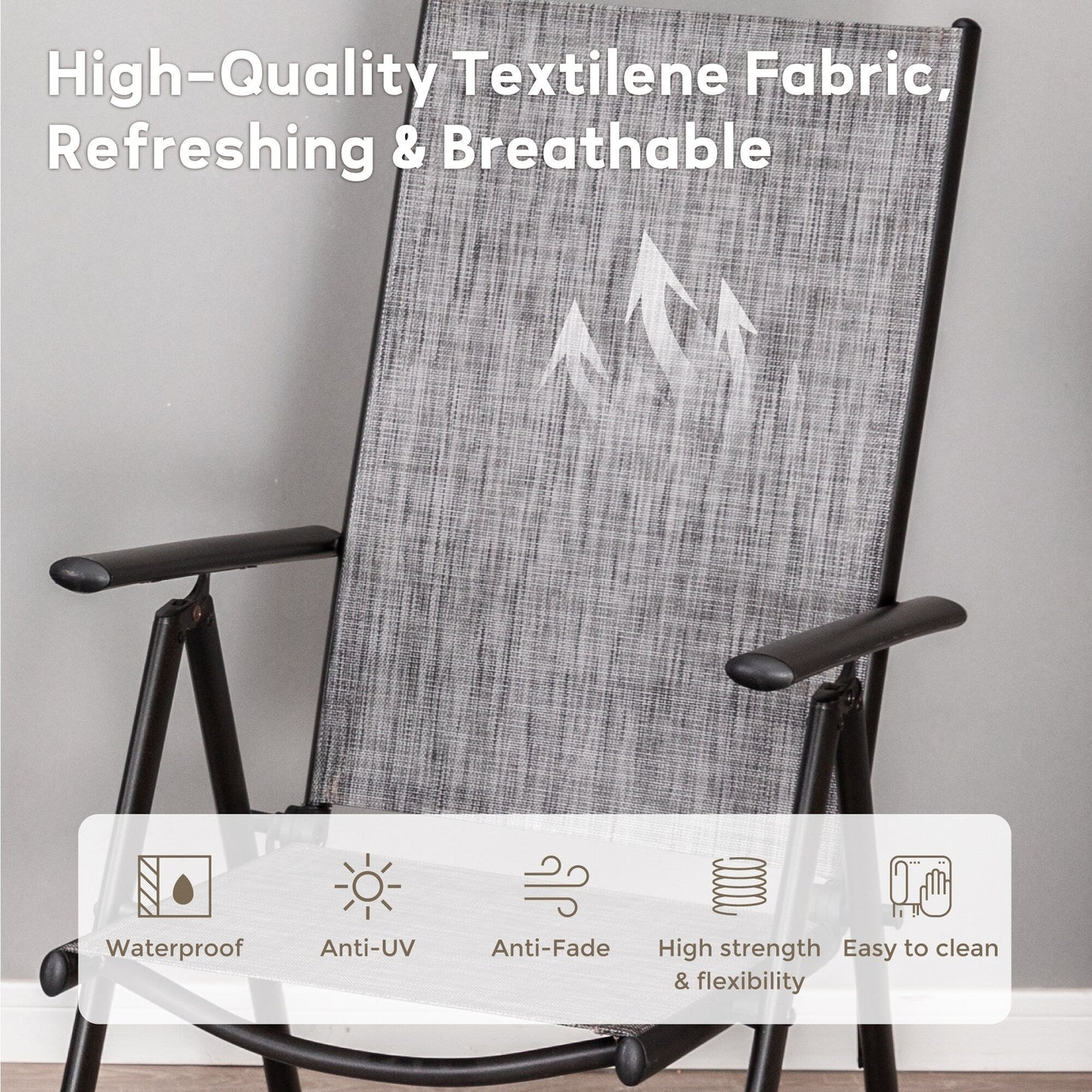 Set da pranzo per esterni da 5/7 pezzi, sedia pieghevole reclinabile a 7 posizioni e tavolo in acciaio con rivestimento E-coating