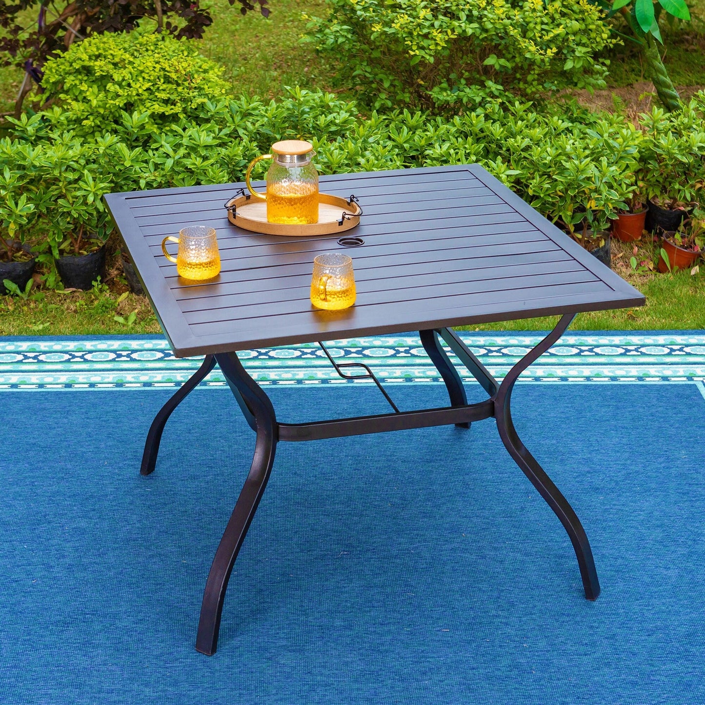 Set da pranzo per esterni da 5/7 pezzi, sedia pieghevole reclinabile a 7 posizioni e tavolo in acciaio con rivestimento E-coating