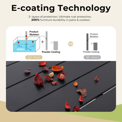 Set da pranzo per esterni da 5/7 pezzi, sedia pieghevole reclinabile a 7 posizioni e tavolo in acciaio con rivestimento E-coating