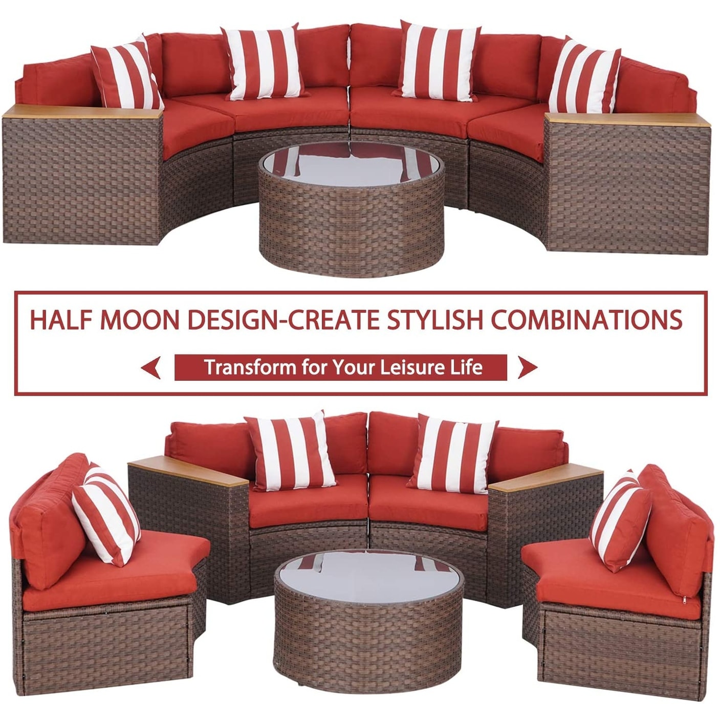 Set di divani componibili curvi a mezzaluna e semicircolari in rattan e vimini da 5 pezzi per esterni