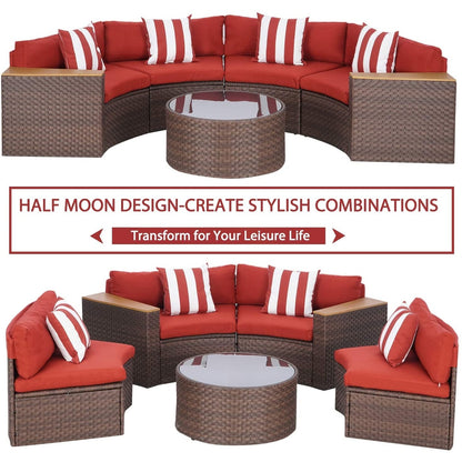 Set di divani componibili curvi a mezzaluna e semicircolari in rattan e vimini da 5 pezzi per esterni