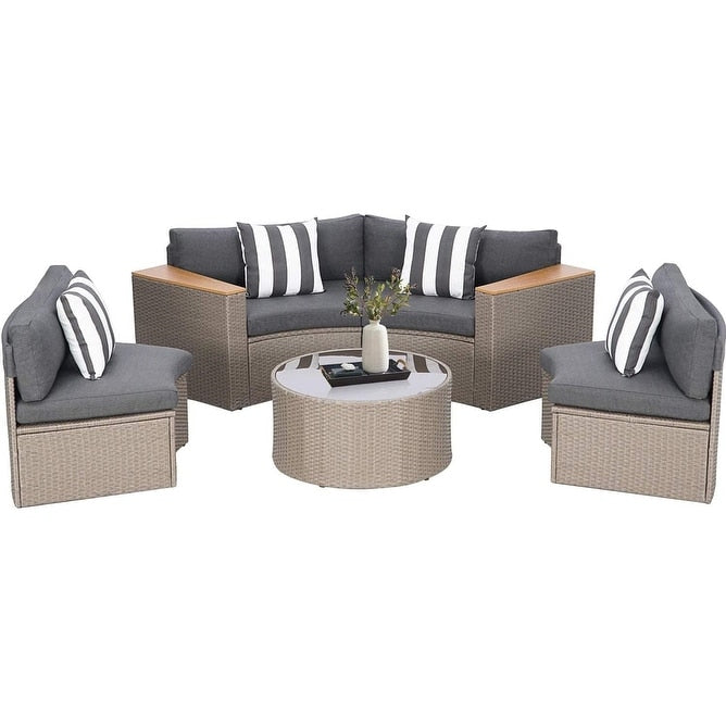Set di divani componibili curvi a mezzaluna e semicircolari in rattan e vimini da 5 pezzi per esterni