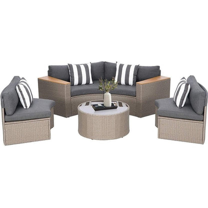 Set di divani componibili curvi a mezzaluna e semicircolari in rattan e vimini da 5 pezzi per esterni