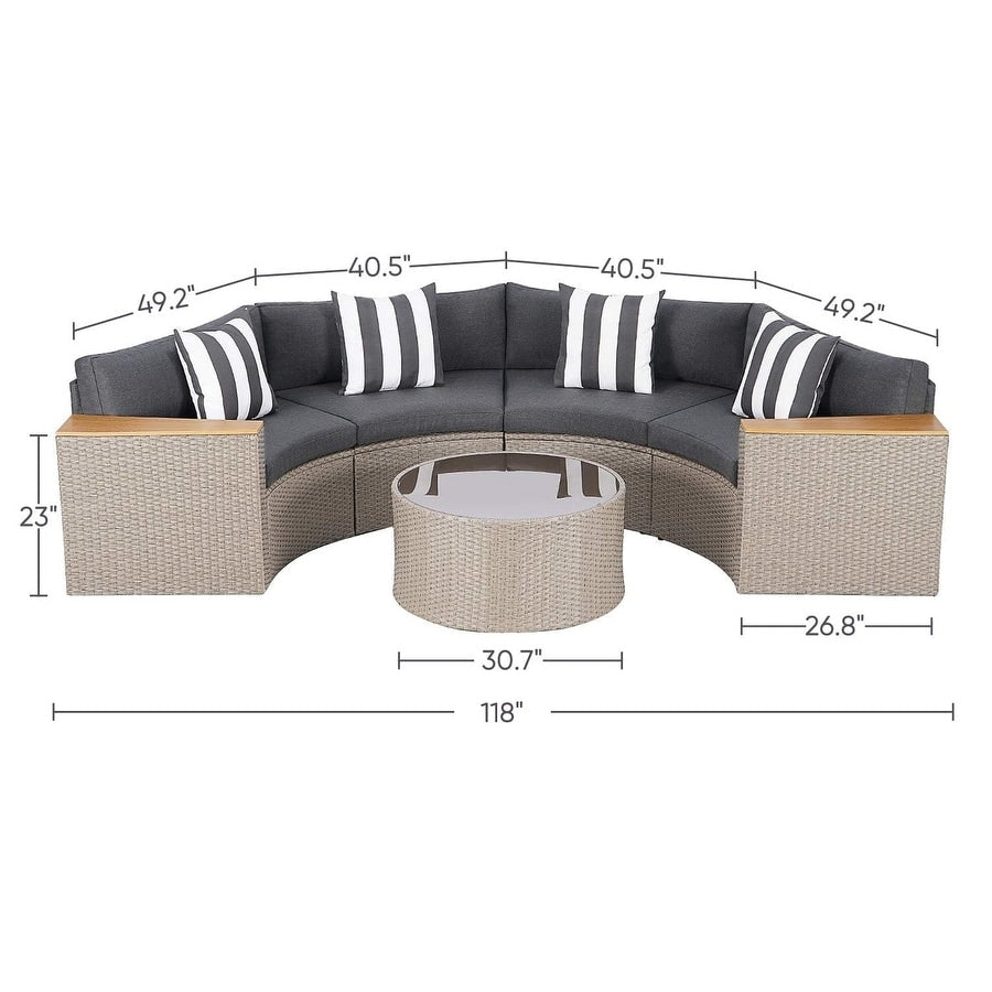 Set di divani componibili curvi a mezzaluna e semicircolari in rattan e vimini da 5 pezzi per esterni