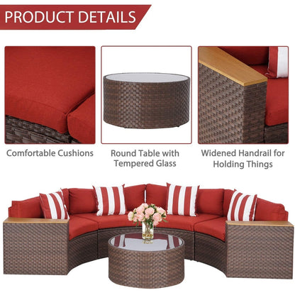 Set di divani componibili curvi a mezzaluna e semicircolari in rattan e vimini da 5 pezzi per esterni