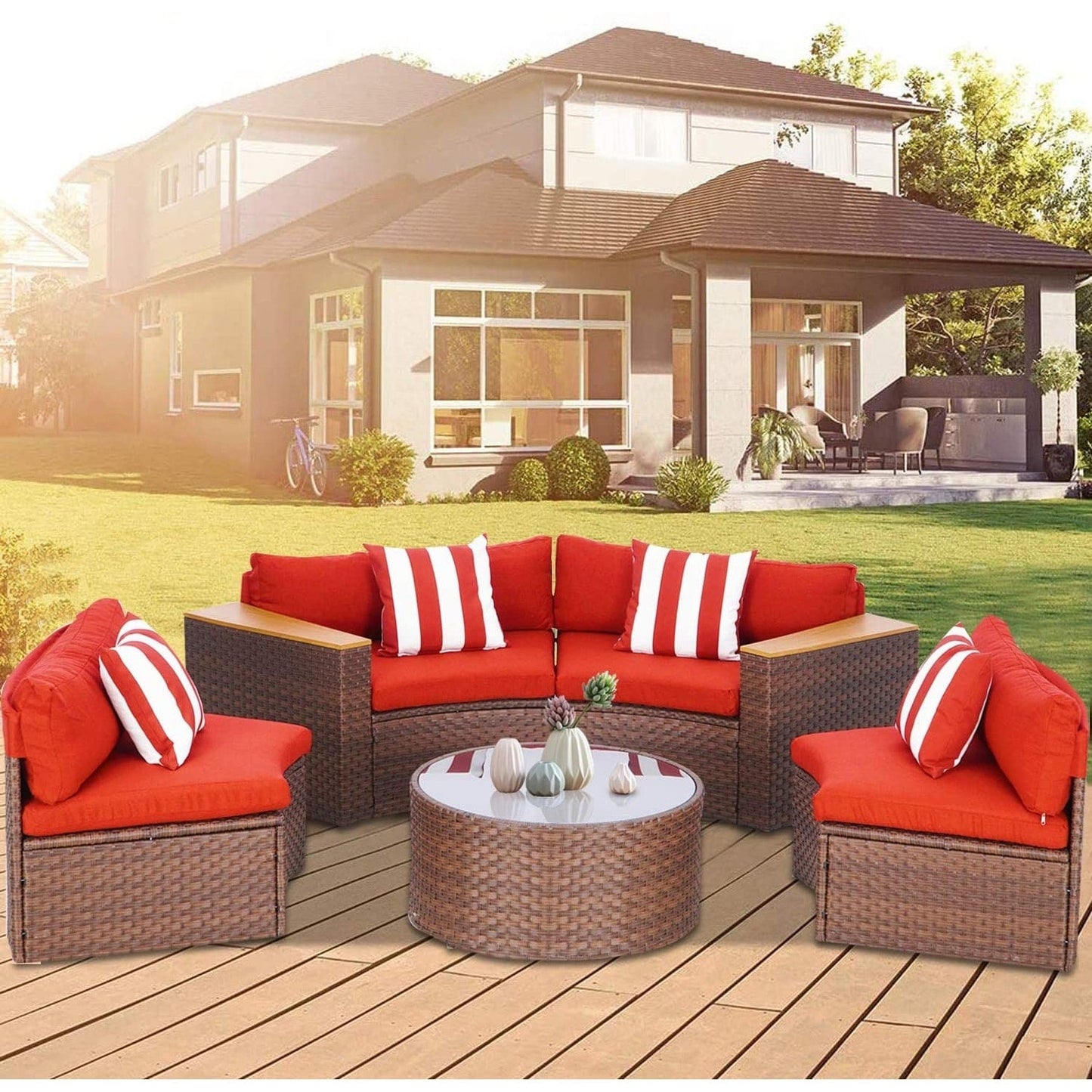 Set di divani componibili curvi a mezzaluna e semicircolari in rattan e vimini da 5 pezzi per esterni