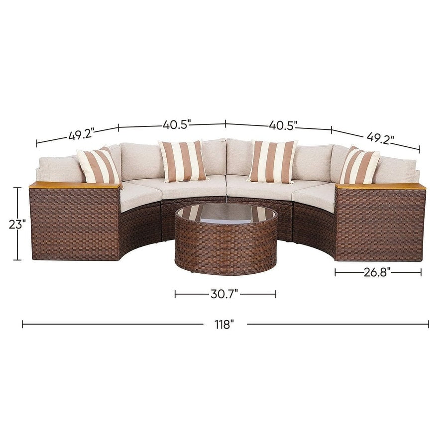 Set di divani componibili curvi a mezzaluna e semicircolari in rattan e vimini da 5 pezzi per esterni