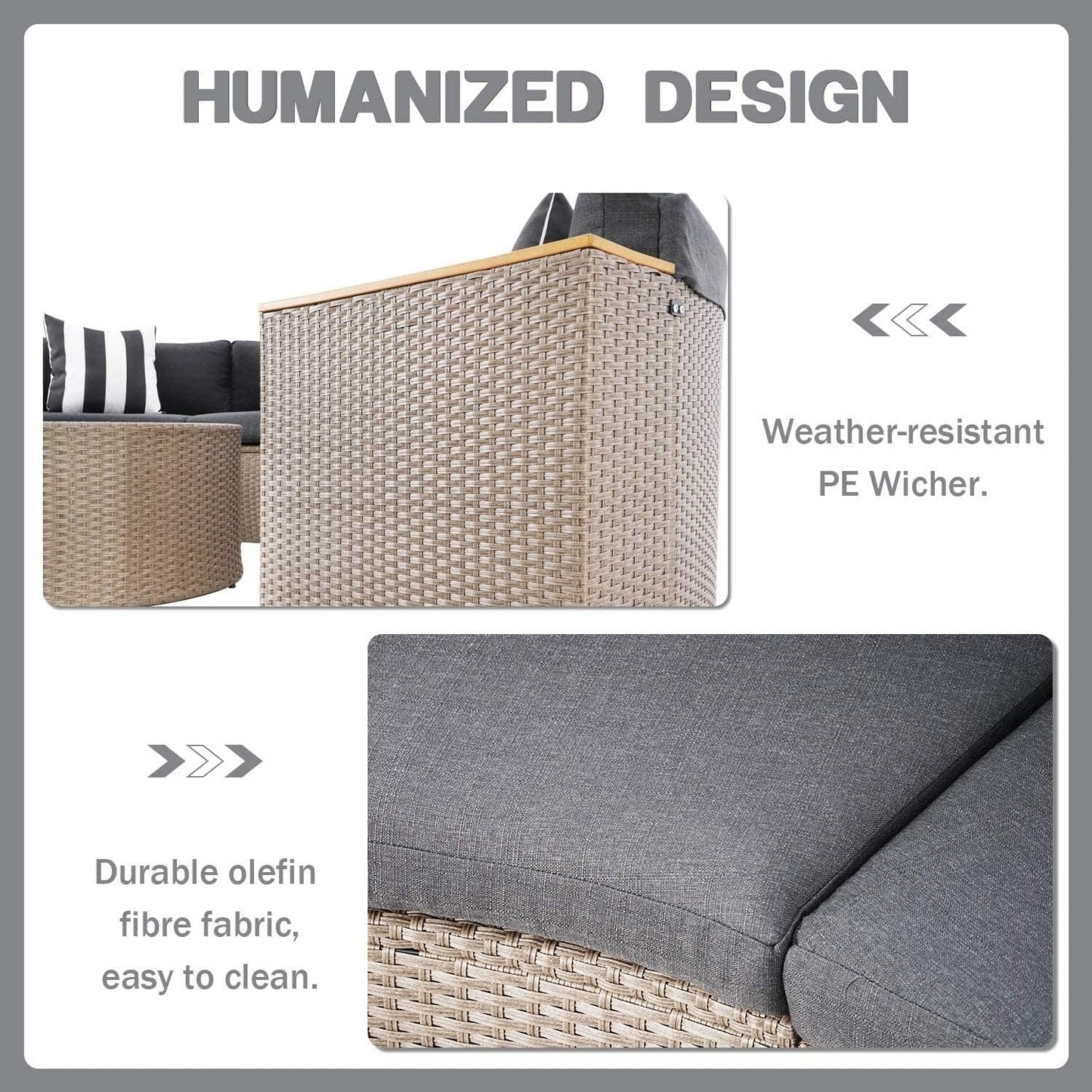 Set di divani componibili curvi a mezzaluna e semicircolari in rattan e vimini da 5 pezzi per esterni