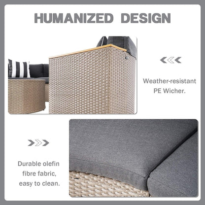 Set di divani componibili curvi a mezzaluna e semicircolari in rattan e vimini da 5 pezzi per esterni