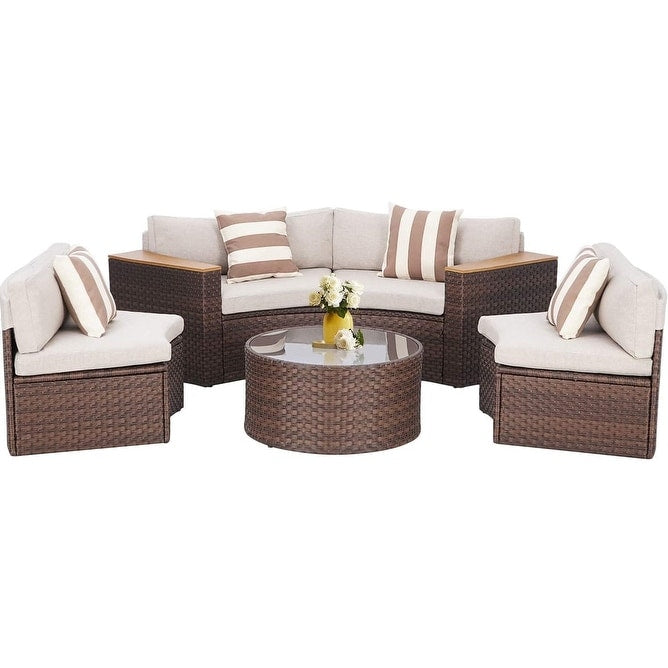 Set di divani componibili curvi a mezzaluna e semicircolari in rattan e vimini da 5 pezzi per esterni