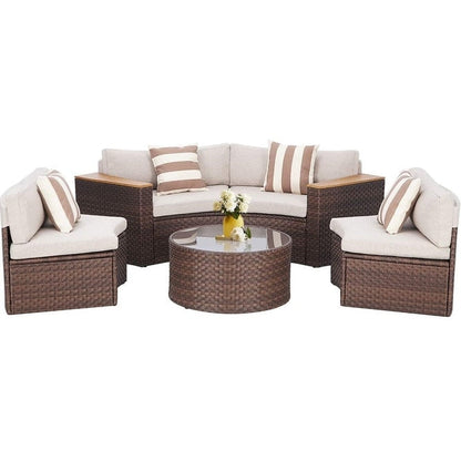 Set di divani componibili curvi a mezzaluna e semicircolari in rattan e vimini da 5 pezzi per esterni