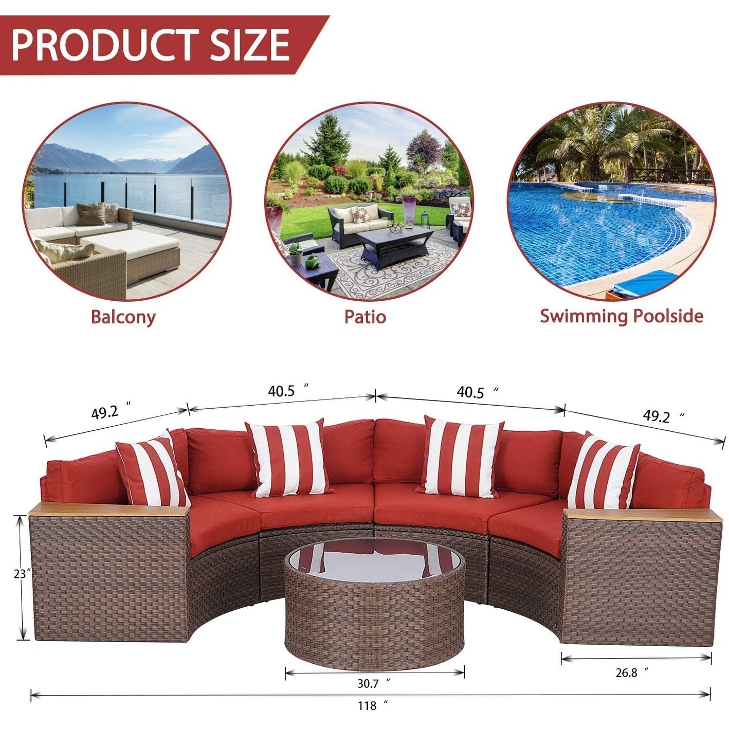 Set di divani componibili curvi a mezzaluna e semicircolari in rattan e vimini da 5 pezzi per esterni