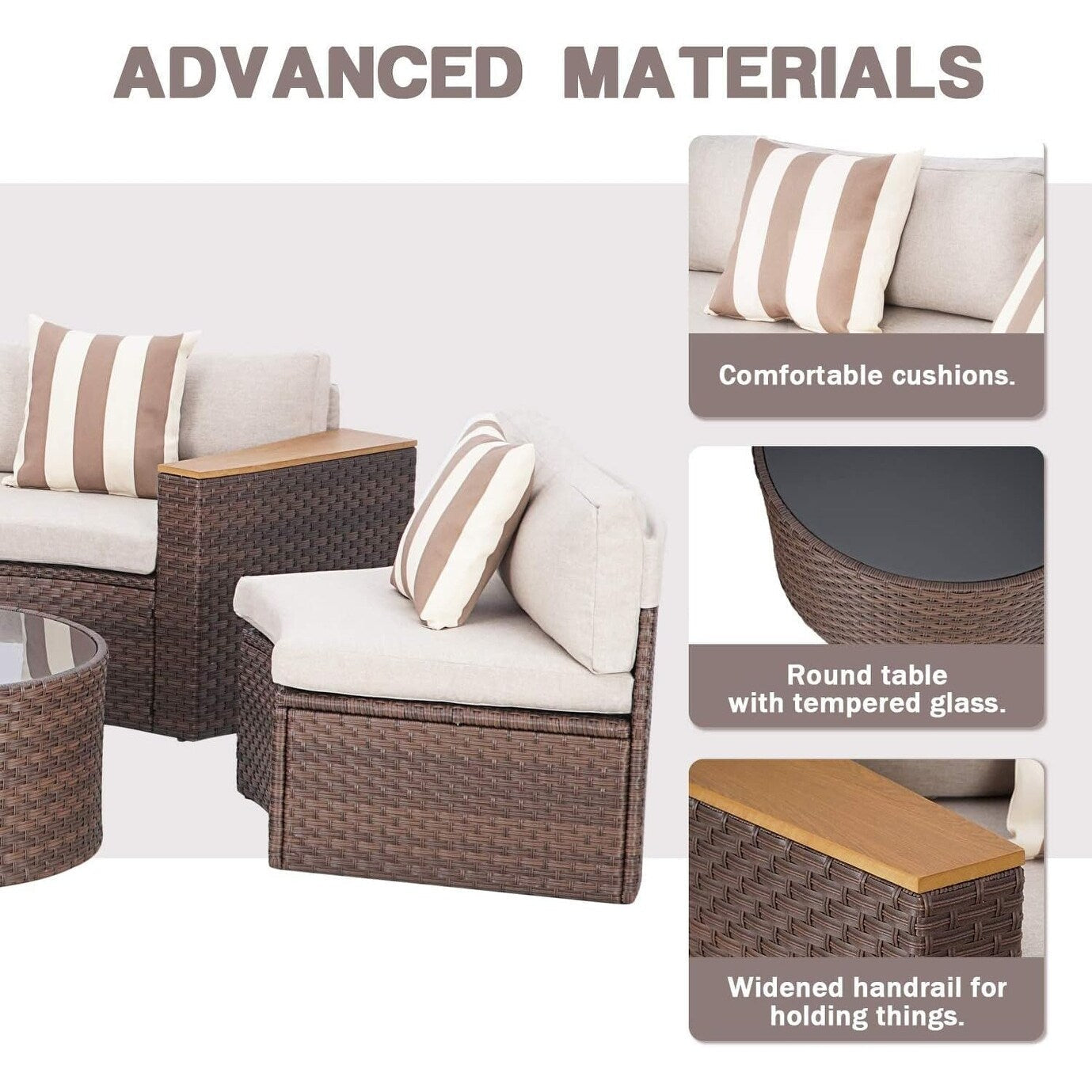 Set di divani componibili curvi a mezzaluna e semicircolari in rattan e vimini da 5 pezzi per esterni