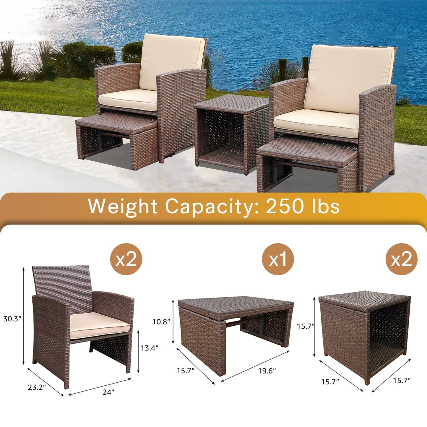 Set da conversazione in vimini e rattan marrone da 5 pezzi per esterni