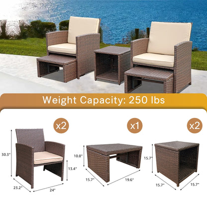 Set da conversazione in vimini e rattan marrone da 5 pezzi per esterni