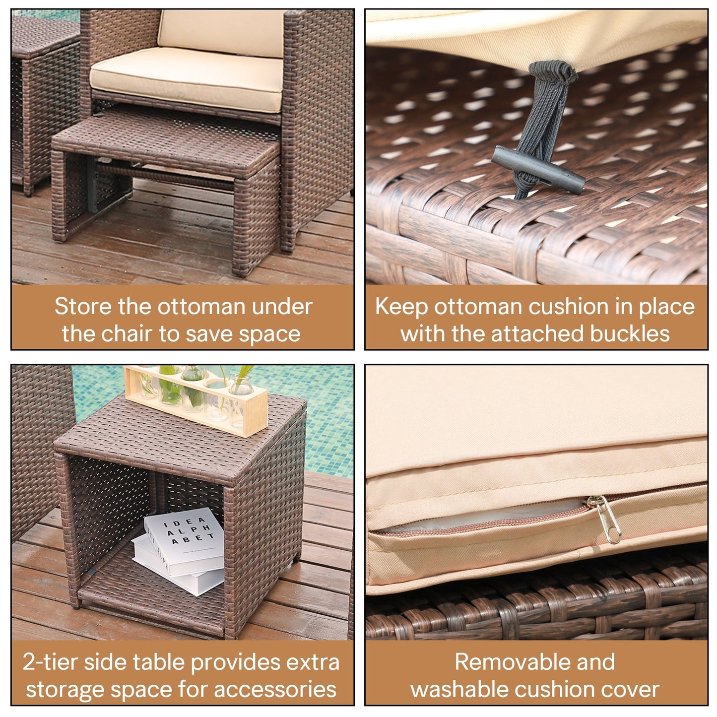 Set da conversazione in vimini e rattan marrone da 5 pezzi per esterni