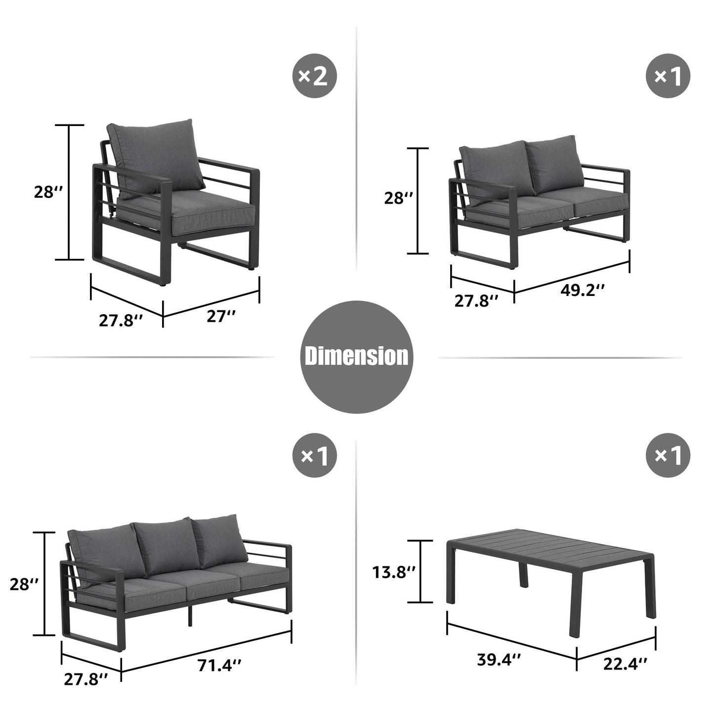 Set di divani da esterno in alluminio da 5 pezzi con cuscino
