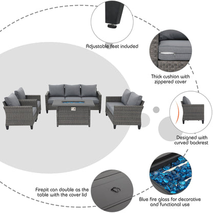 Set di divani in vimini da esterno da 5 pezzi con braciere