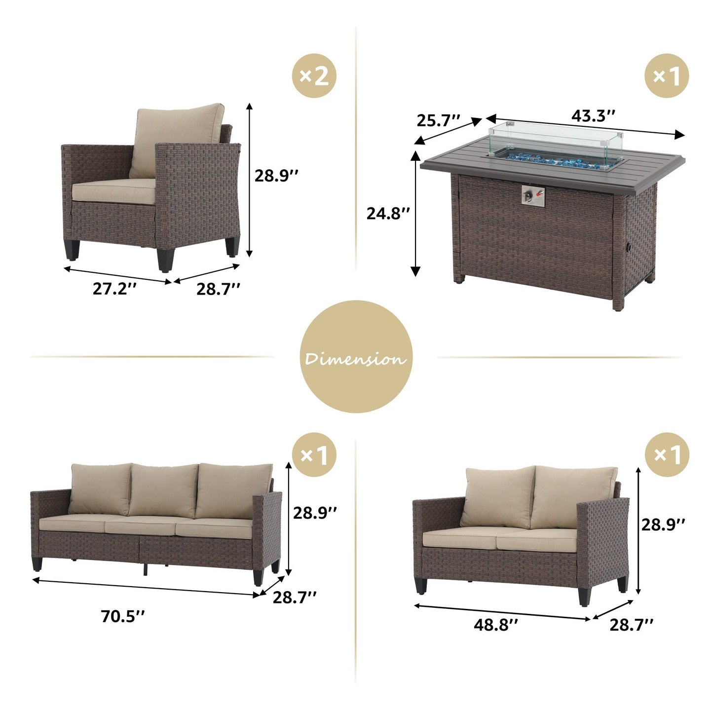 Set di divani in vimini da esterno da 5 pezzi con braciere