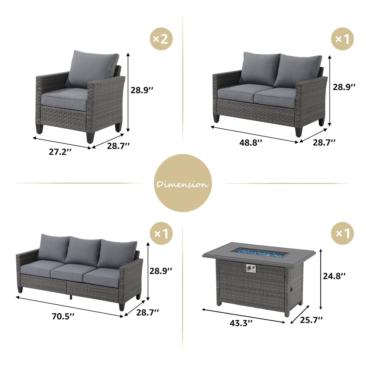 Set di divani in vimini da esterno da 5 pezzi con braciere