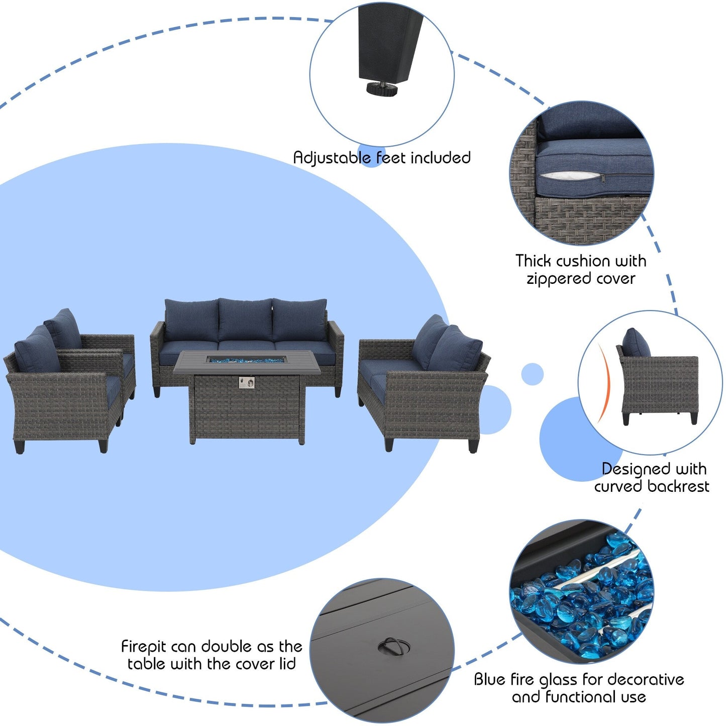 Set di divani in vimini da esterno da 5 pezzi con braciere