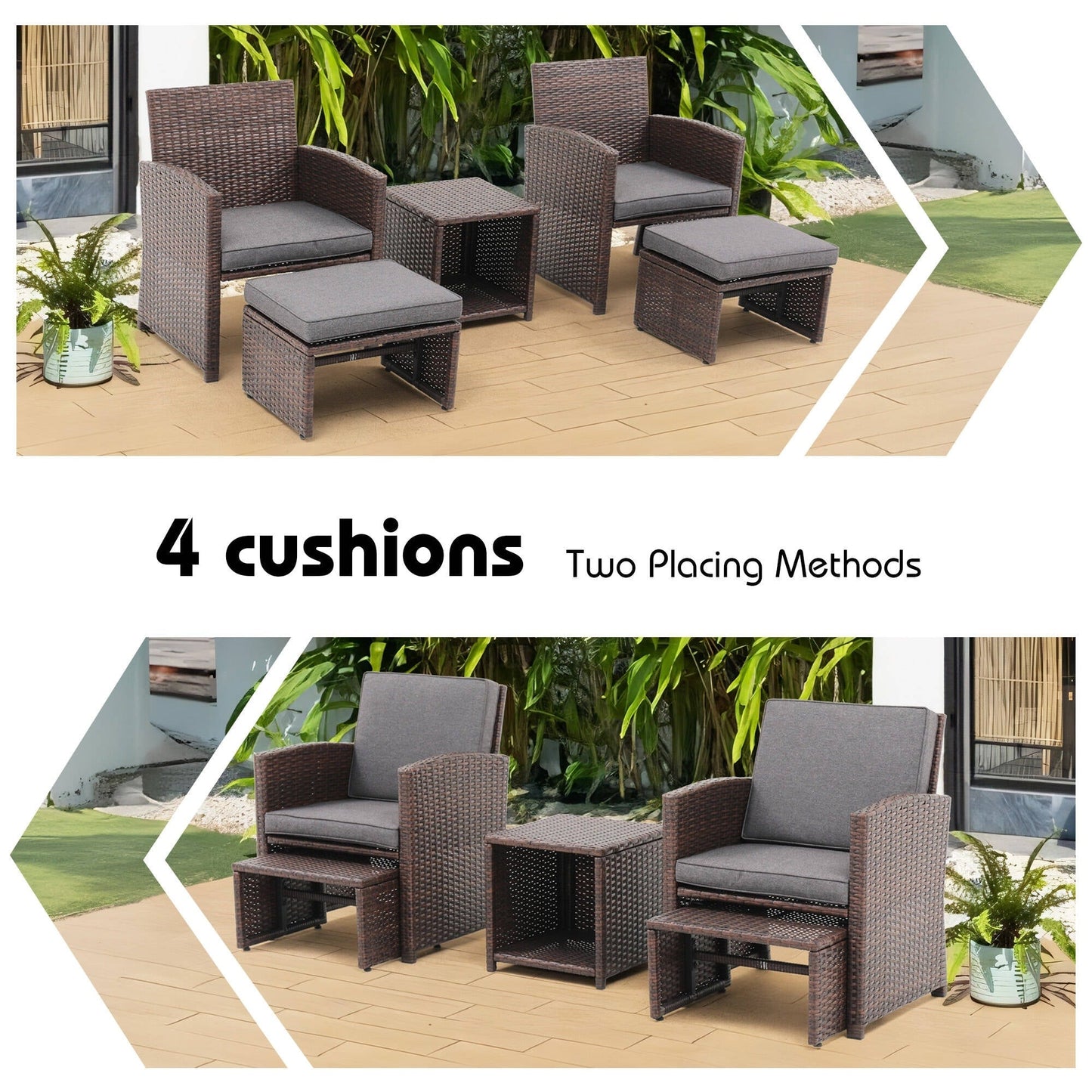 Set da conversazione in vimini e rattan marrone da 5 pezzi per esterni