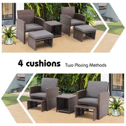 Set da conversazione in vimini e rattan marrone da 5 pezzi per esterni