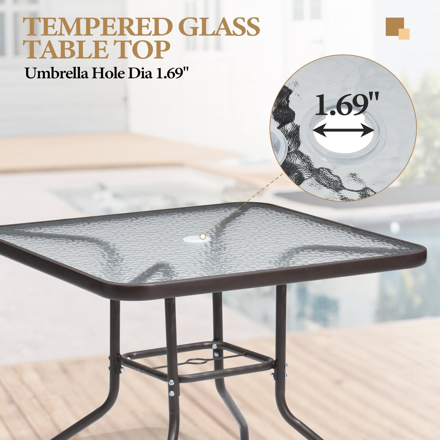 Set da pranzo per esterni da 5 pezzi con sedie pieghevoli e tavolo in vetro con foro per ombrellone - Vedi le specifiche