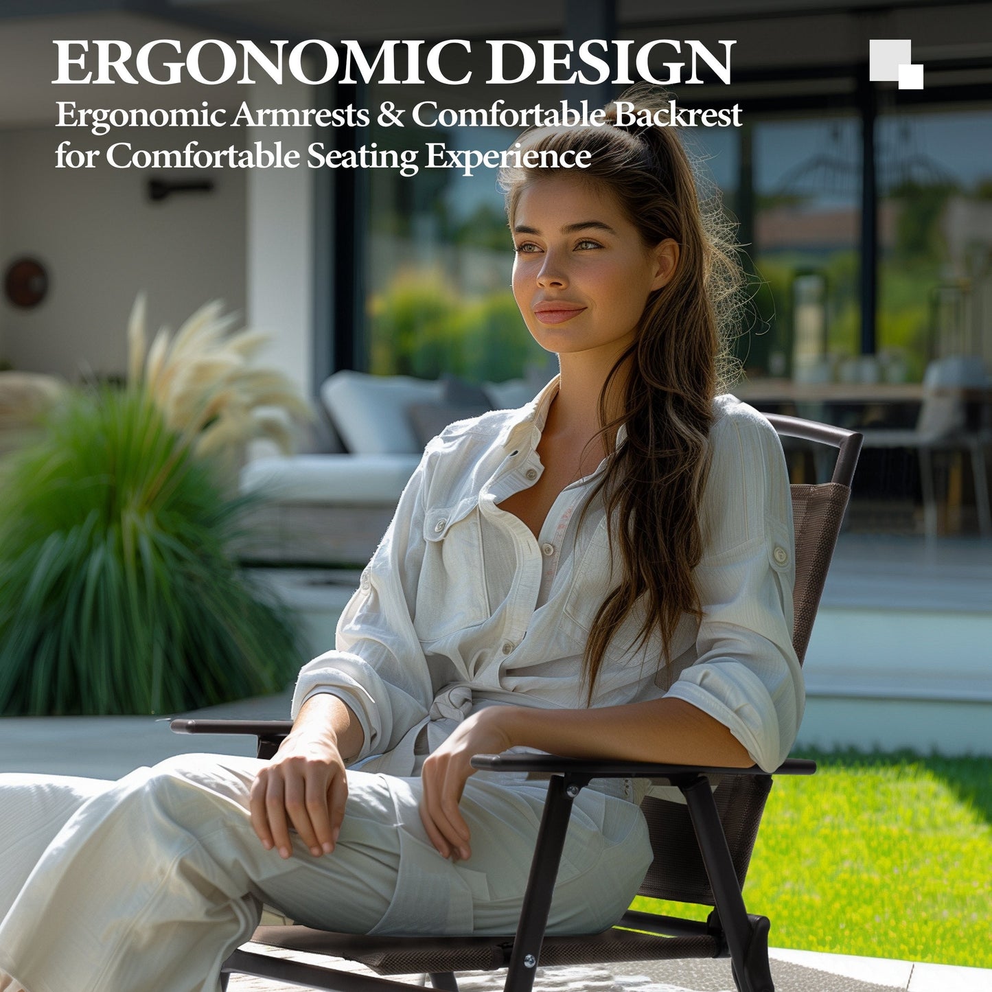 Set da pranzo per esterni da 5 pezzi con sedie pieghevoli e tavolo in vetro con foro per ombrellone - Vedi le specifiche