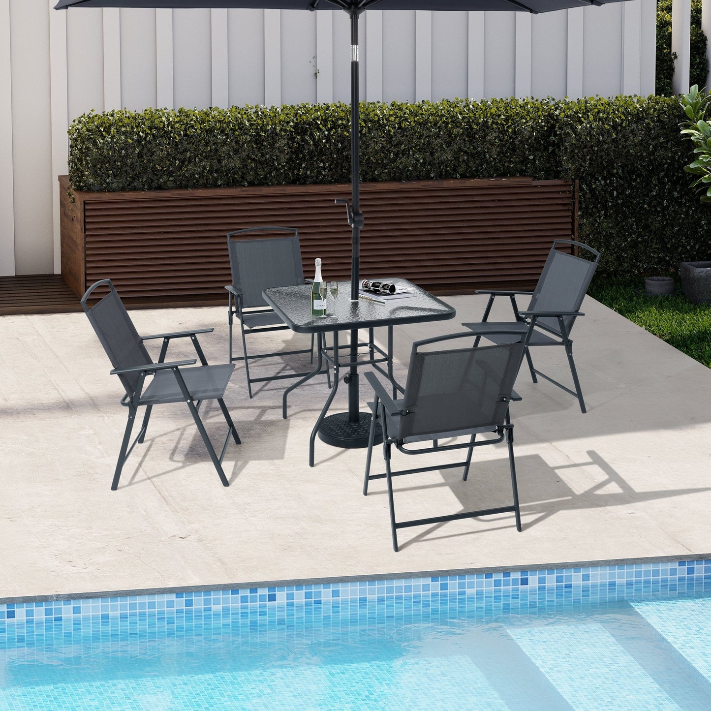 Set da pranzo per esterni da 5 pezzi con sedie pieghevoli e tavolo in vetro con foro per ombrellone - Vedi le specifiche