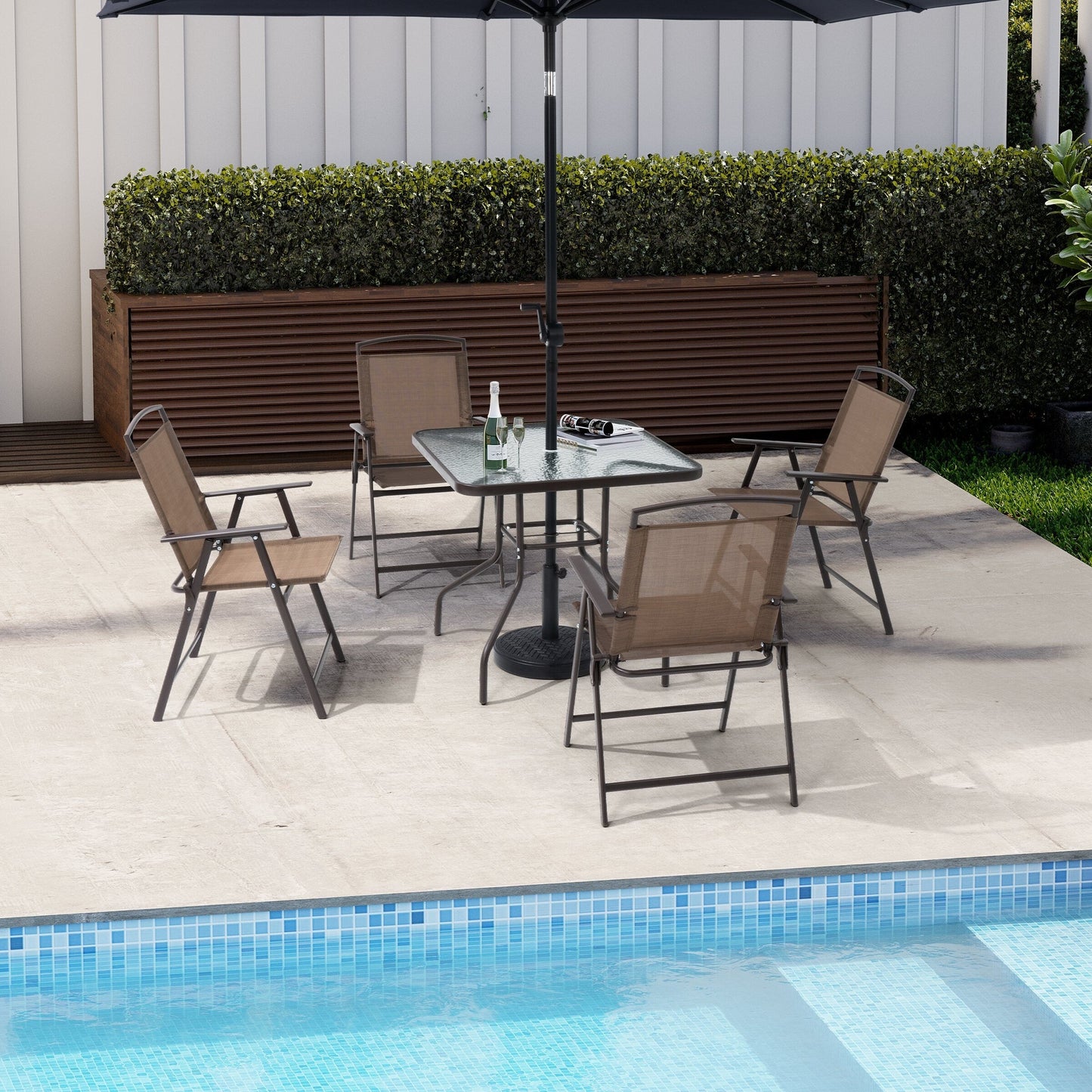 Set da pranzo per esterni da 5 pezzi con sedie pieghevoli e tavolo in vetro con foro per ombrellone - Vedi le specifiche