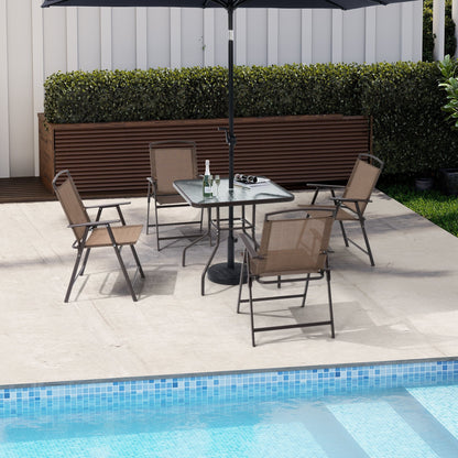 Set da pranzo per esterni da 5 pezzi con sedie pieghevoli e tavolo in vetro con foro per ombrellone - Vedi le specifiche
