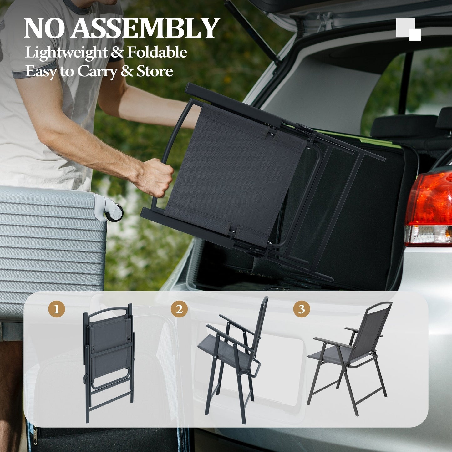 Set da pranzo per esterni da 5 pezzi con sedie pieghevoli e tavolo in vetro con foro per ombrellone - Vedi le specifiche